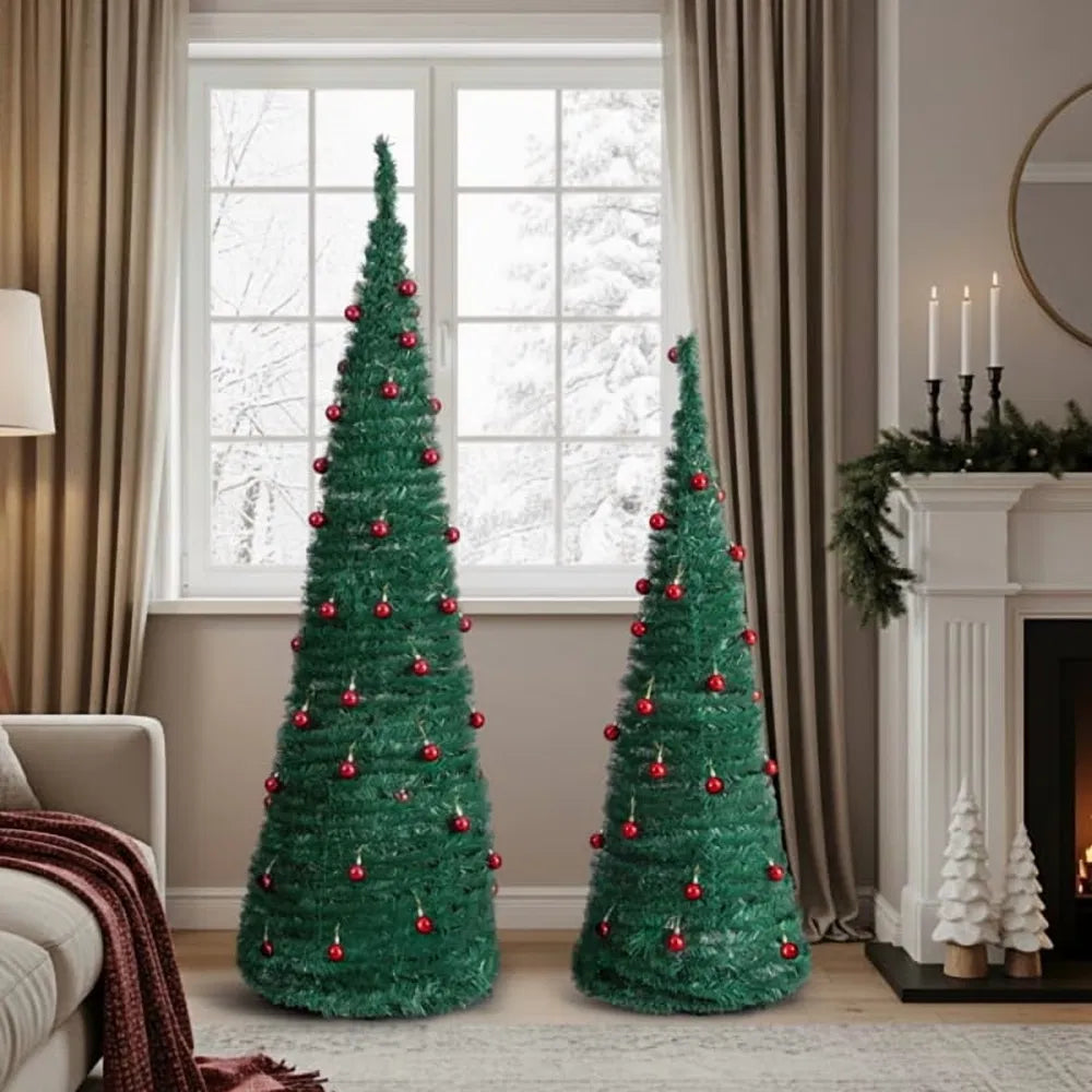 Two pop-up trees with red baubles