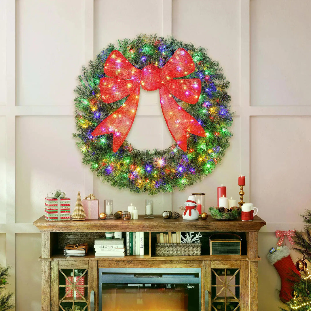 Giant pre-lit Christmas wreath with red bow