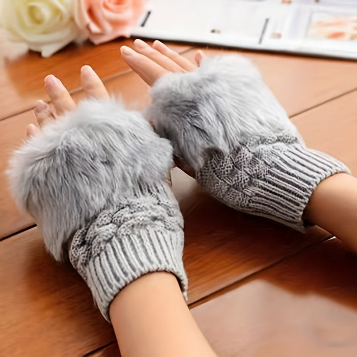Warmfell Fingerless Knit Gloves with Fluffy Faux Fur