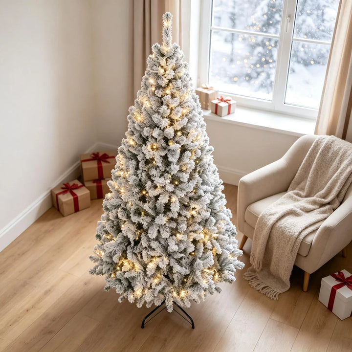 Flocked Fraser fir with warm lights