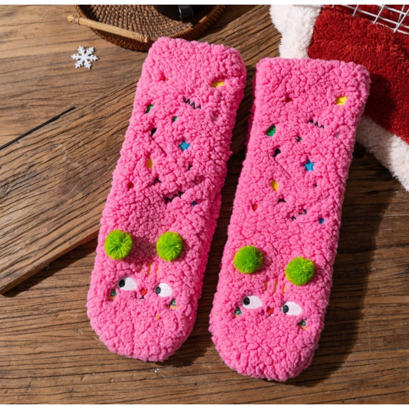 Fluffy yellow socks with embroidered face and pompoms