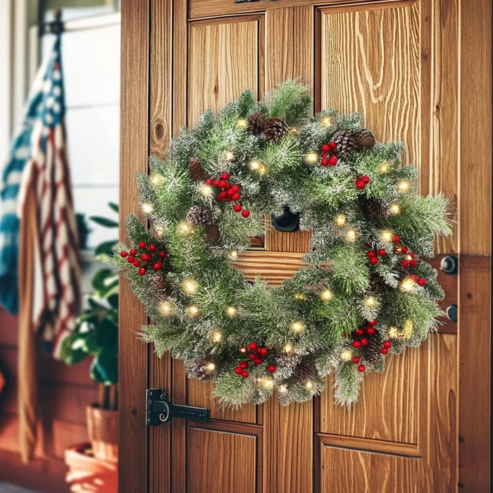 Warmfell Lighted Christmas Wreath with Timer and Red Berries