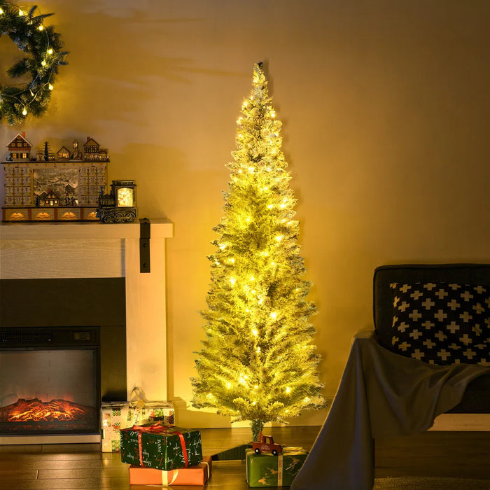 Warmfell Snowy Pre-Lit Pencil Christmas Tree, 5ft with Lights