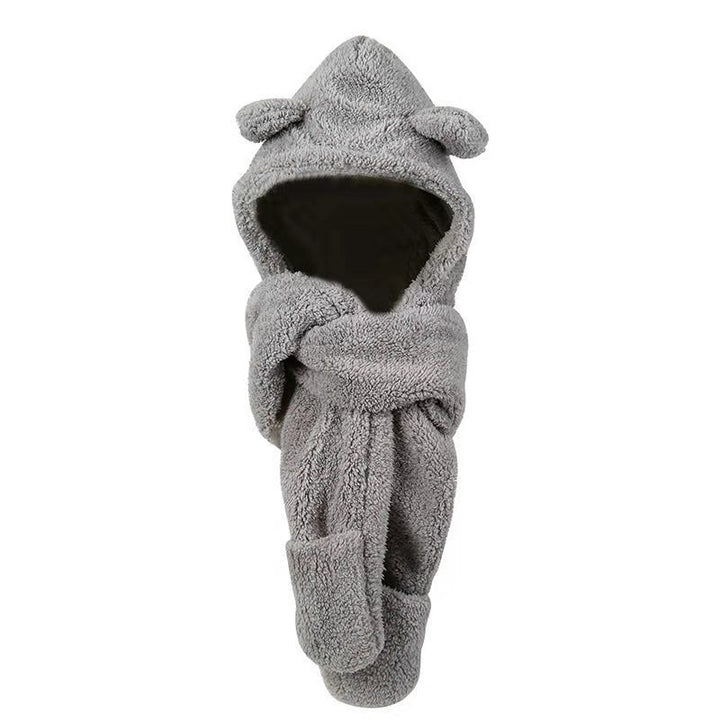 Woman wearing teddy hood scarf with bear ears