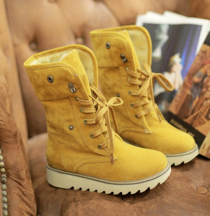 Frosted Fur Lace-Up Snow Boots, Short Flat Winter Boots