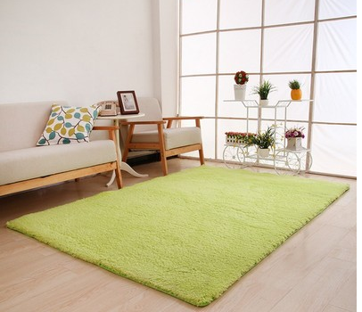 Fluffy beige shaggy rug in living room