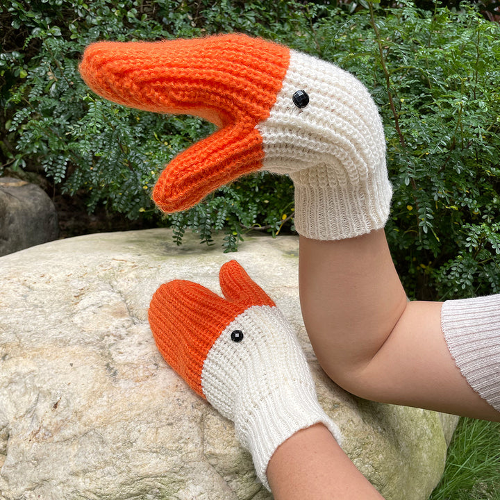 Knitted white goose head mittens