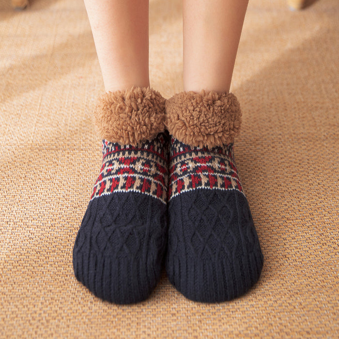 Warmfell Knitted Slipper Socks with Fleece Cuff and Grippy Sole