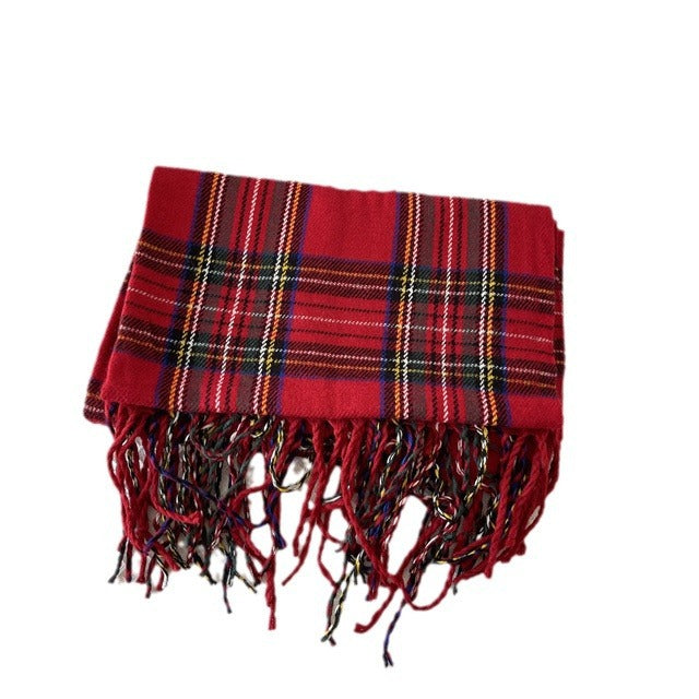 Red tartan check scarf with tassels