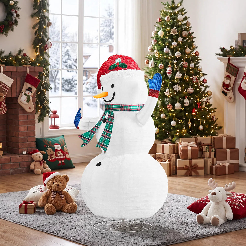 Light-up fabric snowman with plaid scarf