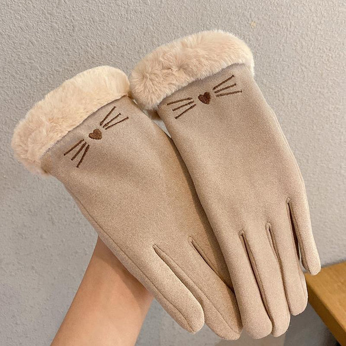 Warmfell Faux Fur Cuff Winter Gloves with Cat Face Embroidery