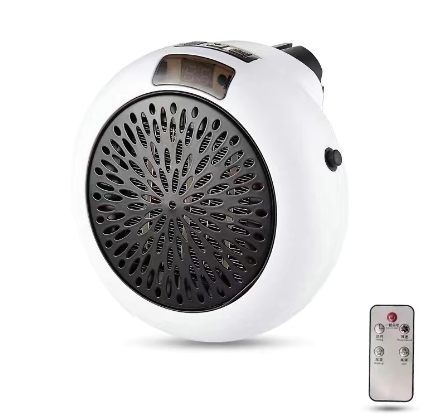 Compact white heater plugged into wall socket