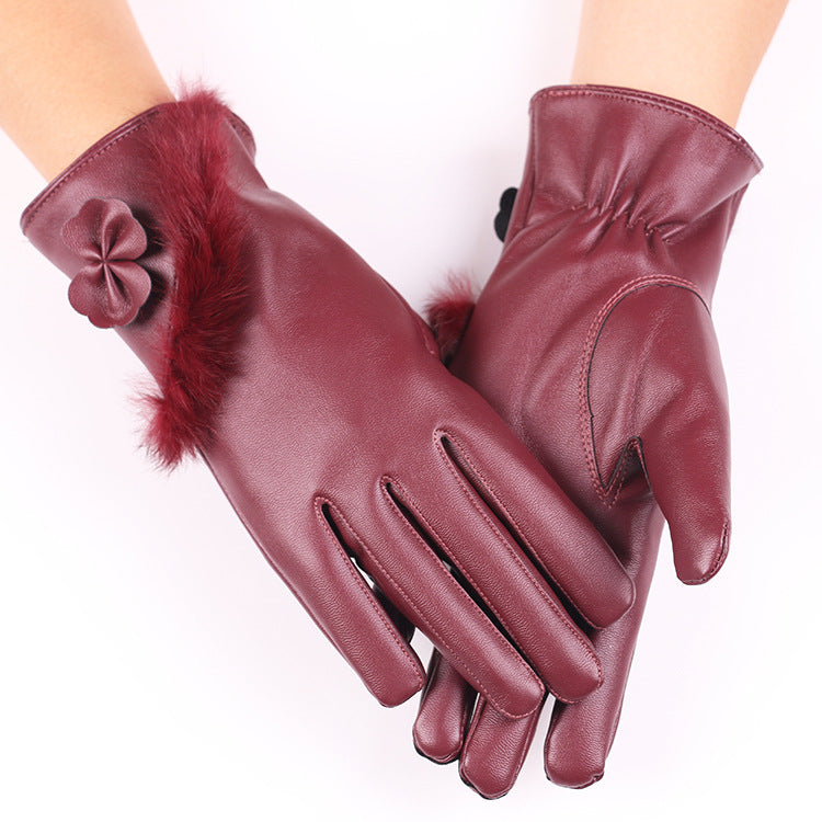 Burgundy faux leather gloves with bow