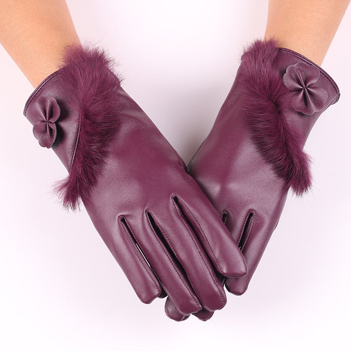 Warmfell Faux Leather Gloves with Fluffy Cuff and Bow