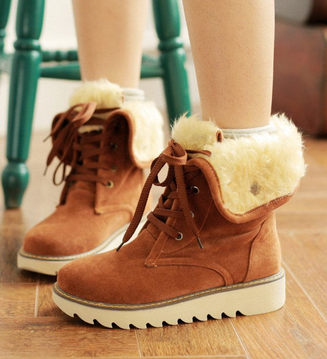 Frosted Fur Lace-Up Snow Boots, Short Flat Winter Boots