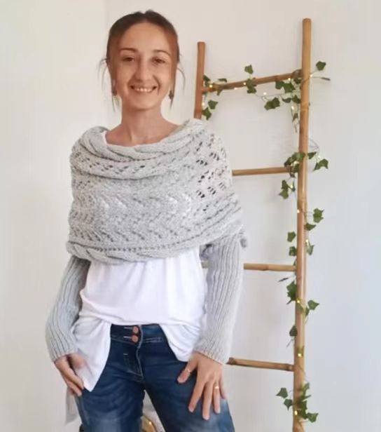Warmfell Knitted Openwork Shawl with Sleeves, Shrug Style