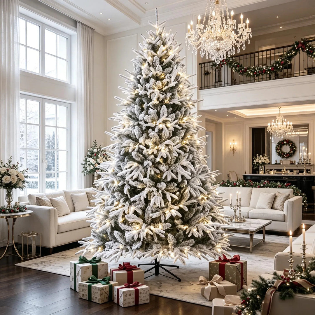 Extra-full flocked Christmas tree with lights