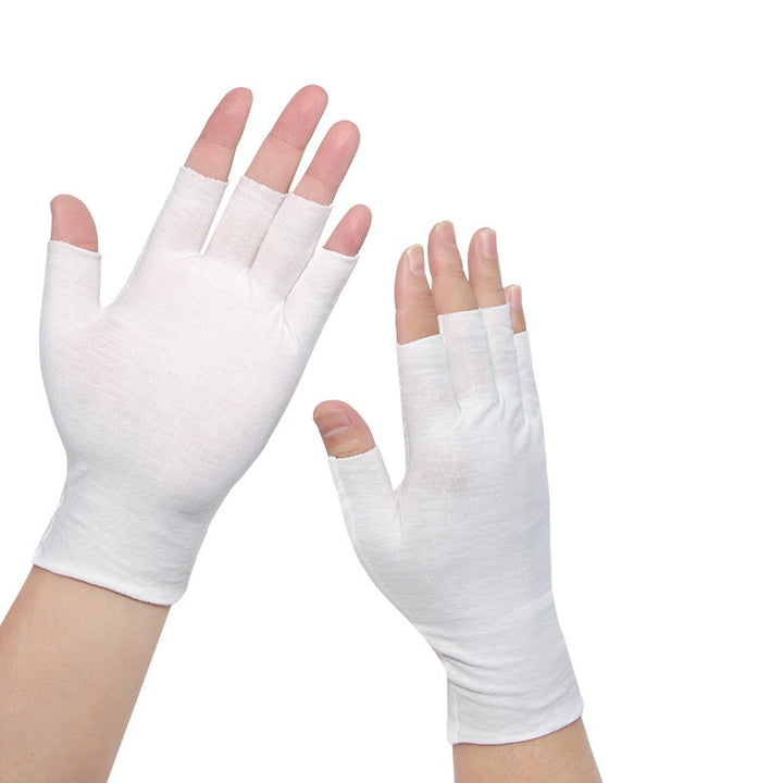 Grey cotton half-finger gloves on hands