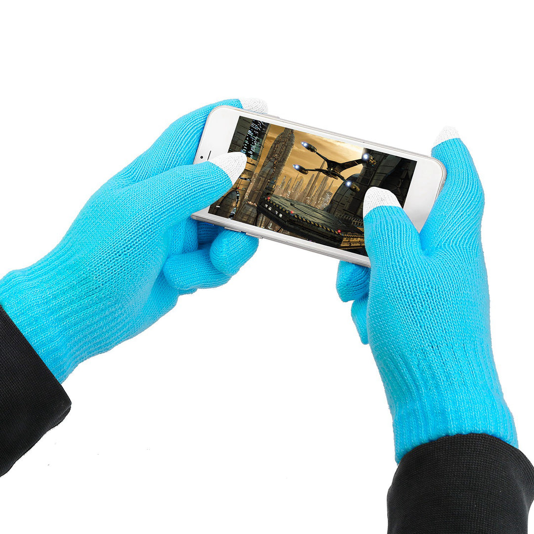 Grey knitted touchscreen gloves using phone