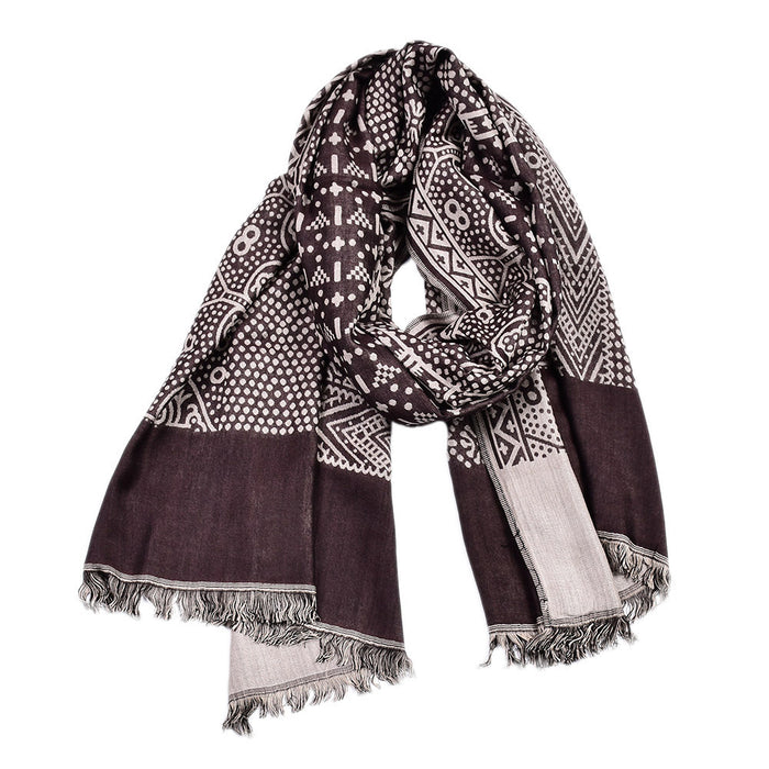 Warmfell Jacquard Woven Scarf with Ethnic Pattern and Fringe