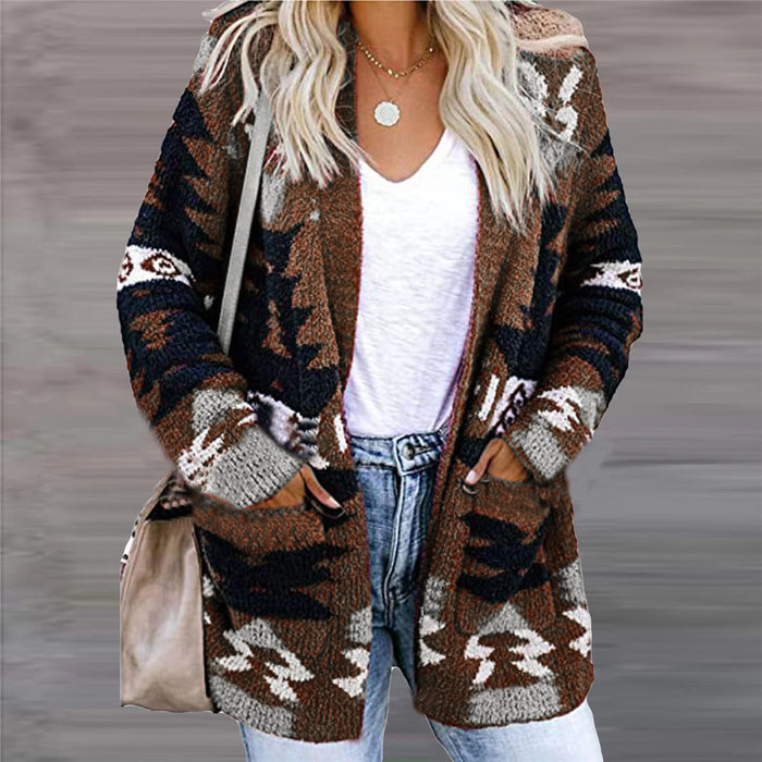 Warmfell Open Front Knitted Cardigan with Pockets and Geometric Print
