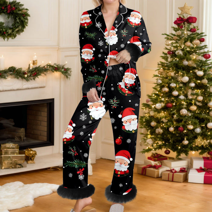 Warmfell Christmas Print Button Up Pyjama Set with Faux Fur Trim