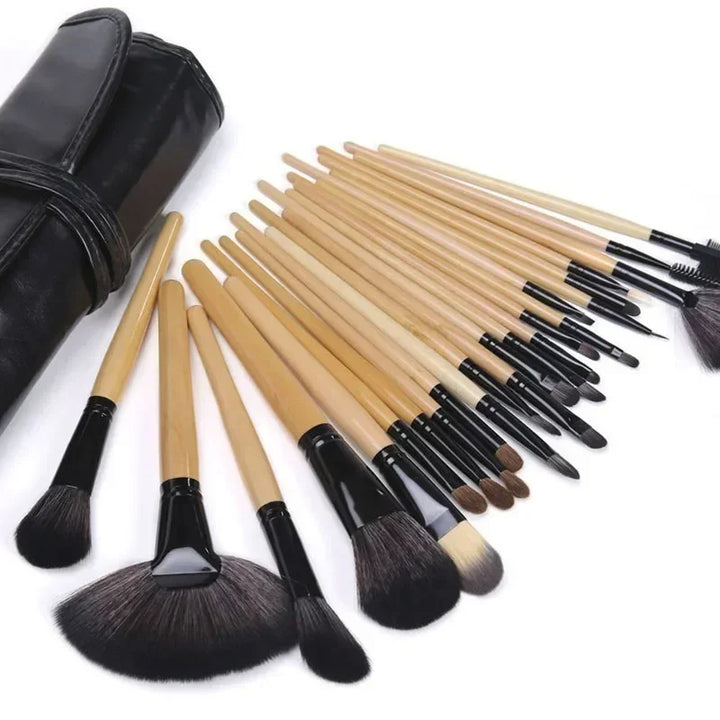 Makeup brush set in roll-up pouch