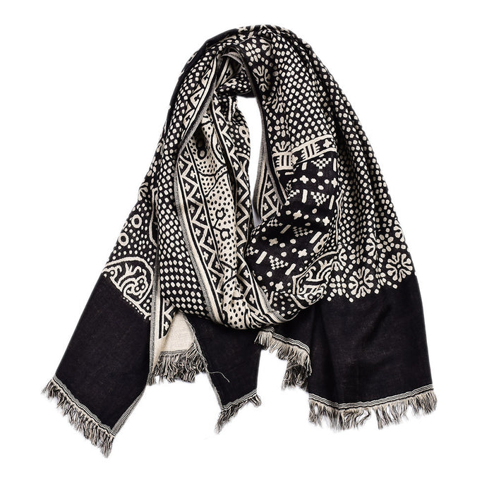Warmfell Jacquard Woven Scarf with Ethnic Pattern and Fringe