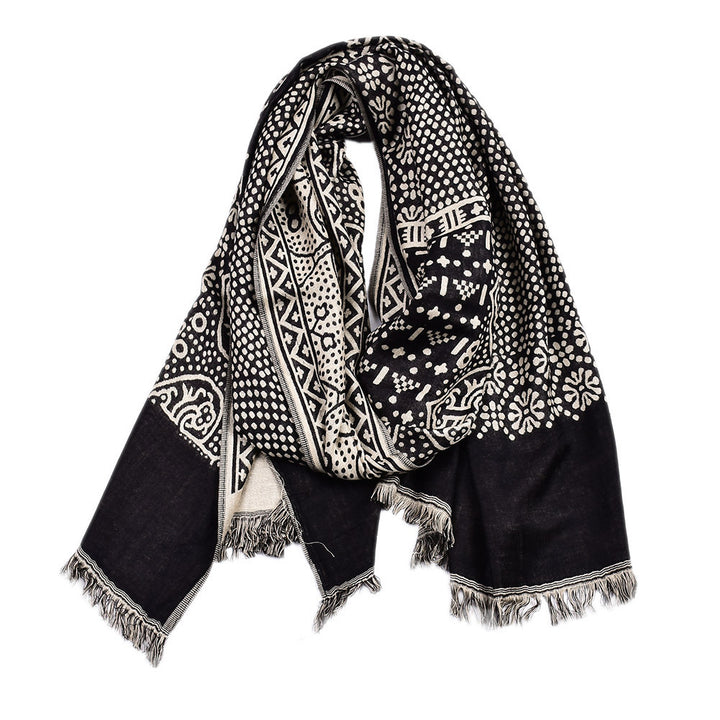 Navy jacquard woven scarf with fringe