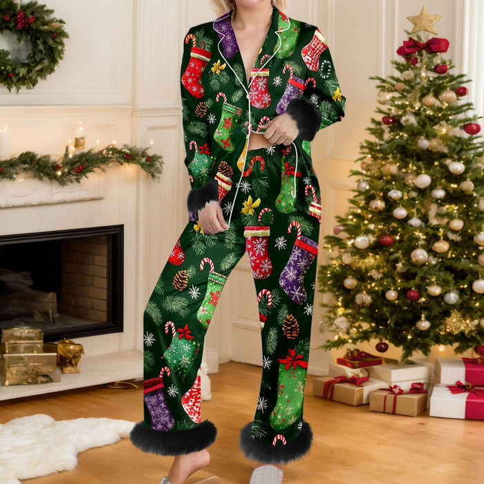 Warmfell Christmas Print Button Up Pyjama Set with Faux Fur Trim