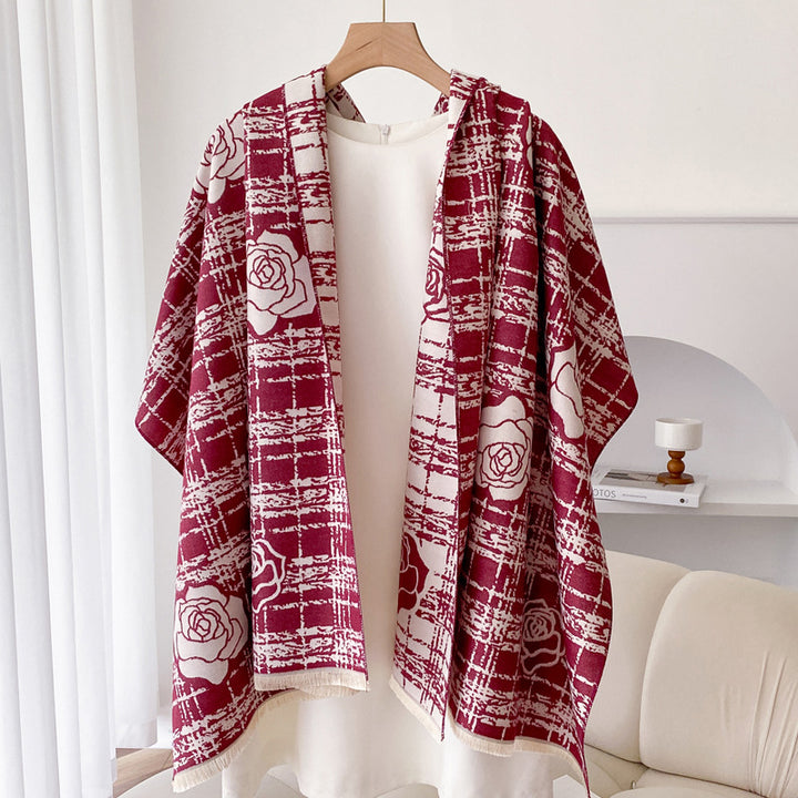 Wine red double sided plaid shawl with roses