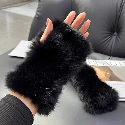 Warmfell Fluffy Rabbit Fur Fingerless Mittens with Thumb Hole