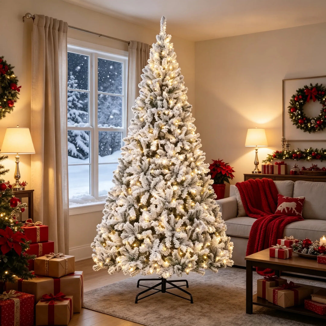 Huge flocked Fraser fir with warm lights