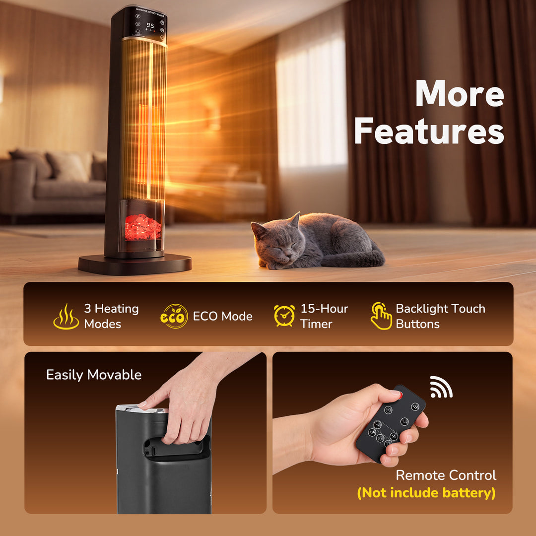 Tall ceramic tower heater with flame-effect panel