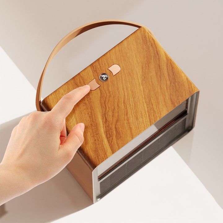 Wood-finish small heater with flame effect