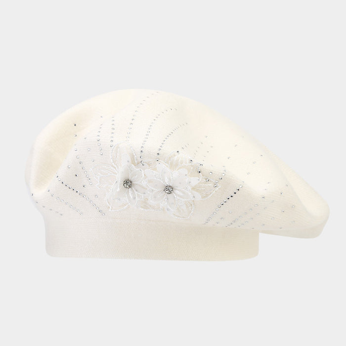 Warmfell Knit Beret with 3D Flower and Rhinestones