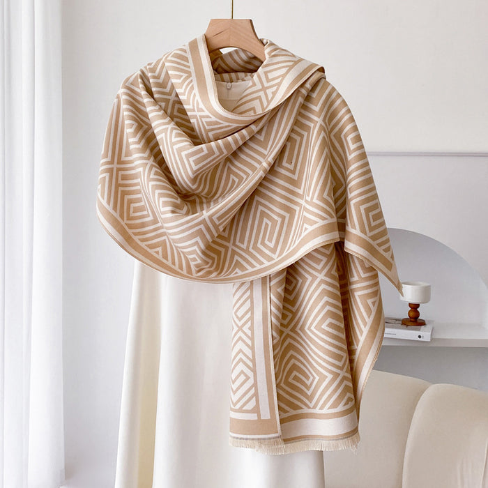 Warmfell Fringed Cashmere-Feel Shawl Cape with Geometric Pattern