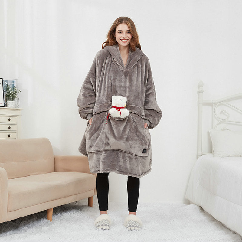 USB Heated Hoodie Blanket – Oversized Flannel and Sherpa