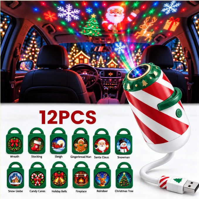 Candy-cane projector lighting car roof with Santa