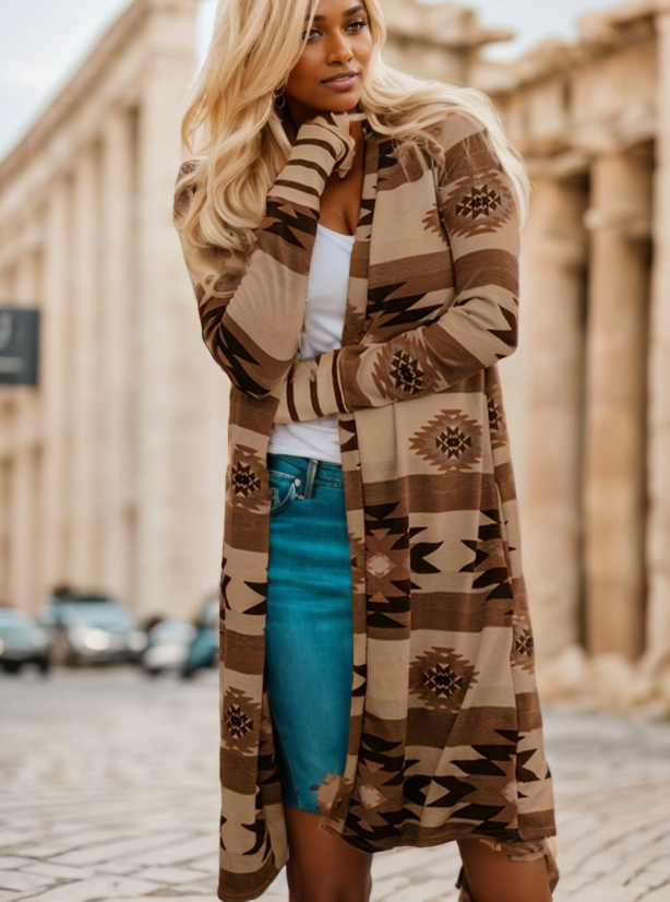 Woman in long colour block open cardigan