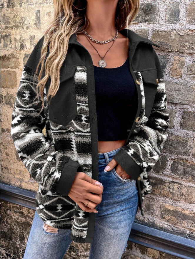 Warmfell Shacket Coat with Geometric Print Sleeves and Flap Pockets