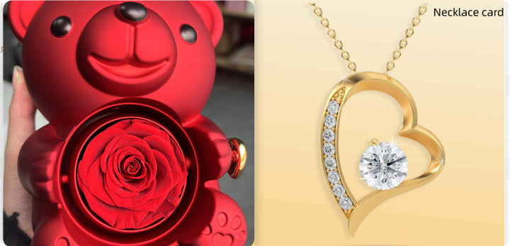 Rotating teddy bear jewellery box with eternal rose