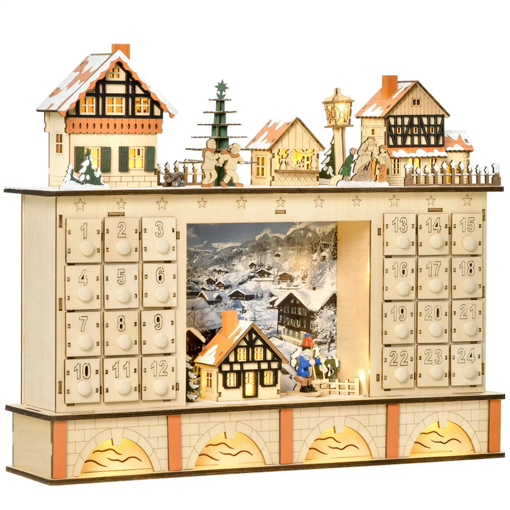Wooden Christmas village advent calendar lit up