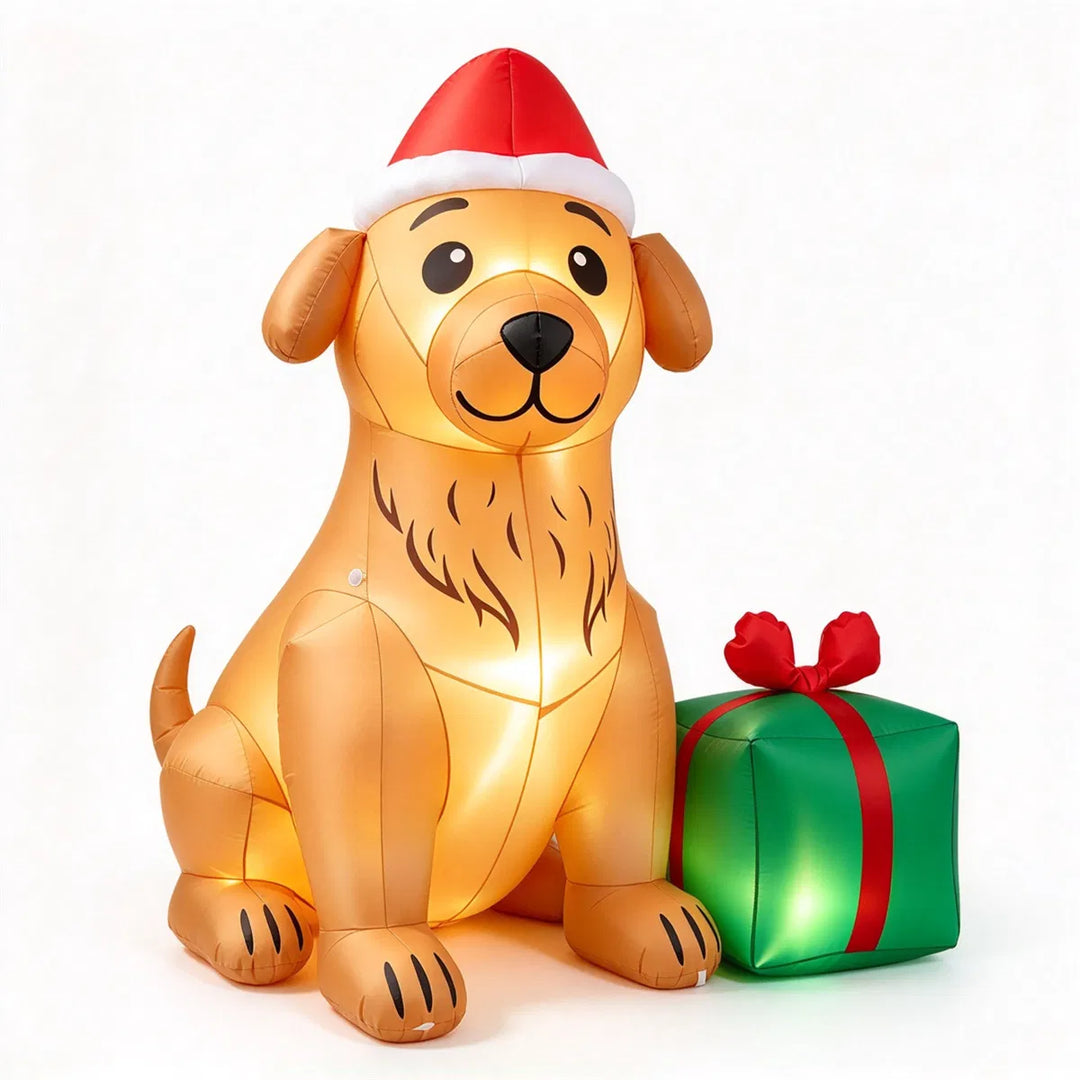 Inflatable golden retriever in Santa hat