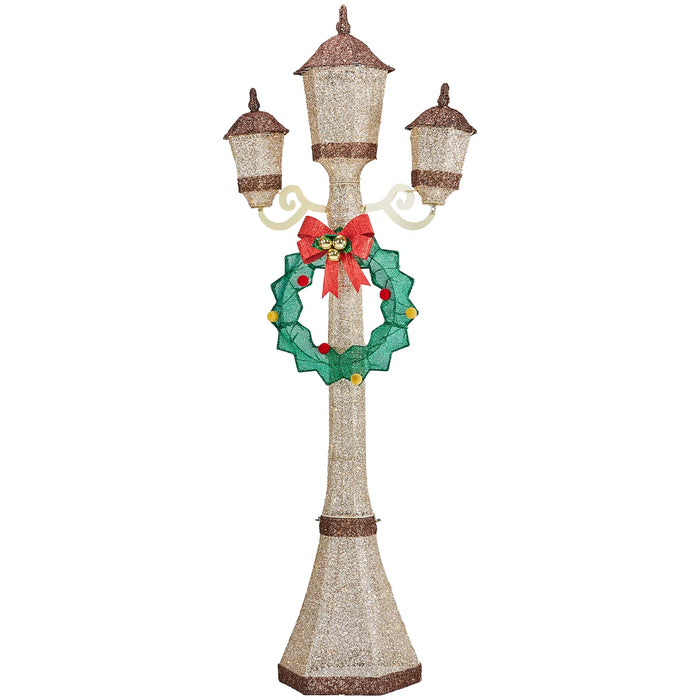 Warmfell 6ft Gold Three-Head Lamp Post with Wreath and Lights