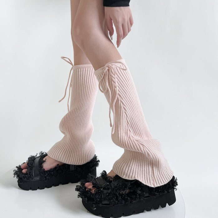 Warmfell Flared Ribbed Leg Warmers with Lace Up Tie