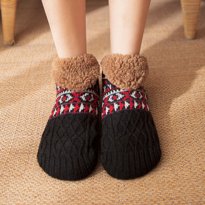 Warmfell Knitted Slipper Socks with Fleece Cuff and Grippy Sole