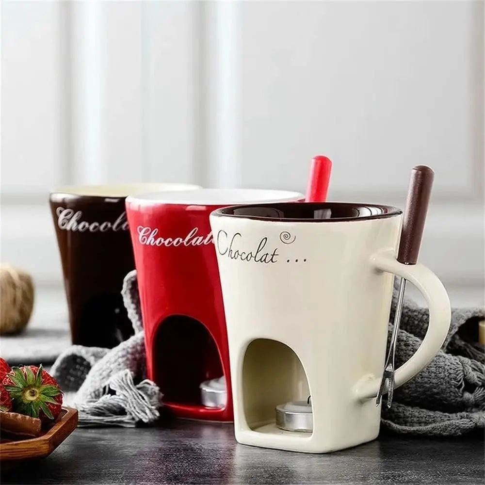 Ceramic fondue mug with fork and tealight