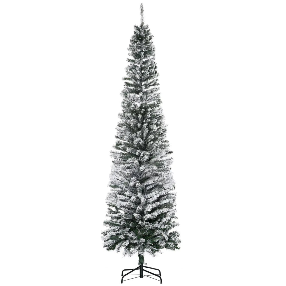 Tall slim snow-flocked tree, unlit