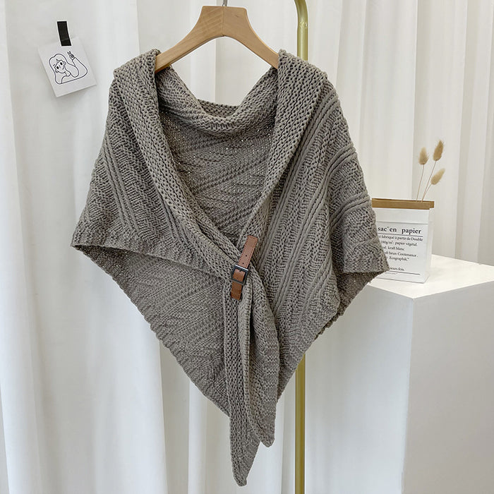 Warmfell Chunky Knit Triangle Scarf with Buckle, Wear as a Cape